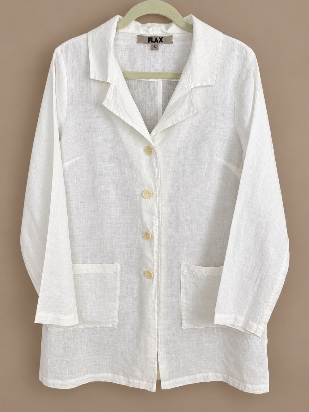 FLAX 100% Linen White Button-Front Tunic Jacket with Patch Pockets